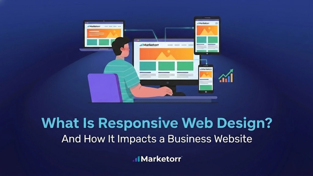 Illustration of a developer building a responsive business website that adapts across laptop, desktop, tablet, and mobile screens